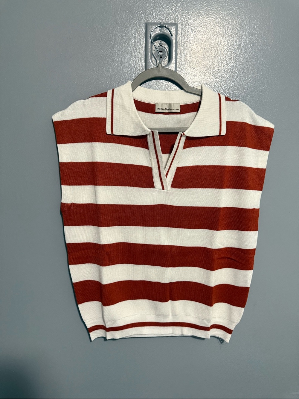 Zenana Striped Rust and White Cap Sleeve Viscose Top - Picture 2 of 4